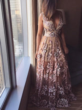 Load image into Gallery viewer, Deep V Neck Lace Applique A-line Prom Dresses, Beads Long Formal Dresses SJS15139
