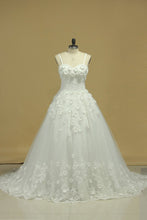 Load image into Gallery viewer, A Line Spaghetti Straps Court Train Wedding Dresses Tulle With Applique And Handmade Flowers
