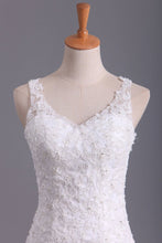 Load image into Gallery viewer, V Neck Wedding Dresses Organza With Applique  &amp; Ruffles Mermaid Court Train