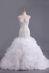 Sweetheart Wedding Dresses Mermaid Organza With Beads And Rhinestones