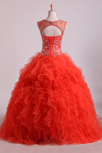 Scoop Quinceanera Dresses Tulle Ball Gown Floor Length With Beading