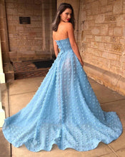 Load image into Gallery viewer, Sexy A line See Through Strapless Slit Backless Blue Prom Dresses with Appliques SJS15593