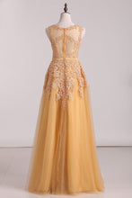 Load image into Gallery viewer, Prom Dresses Scoop A Line Tulle With Applique Floor Length