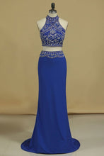 Load image into Gallery viewer, Two Pieces High Neck Beaded Bodice Spandex Prom Dresses Dark Royal Blue