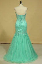 Load image into Gallery viewer, Plus Size Sweetheart Prom Dresses Mermaid/Trumpet Floor Length Beaded Bodice Tulle