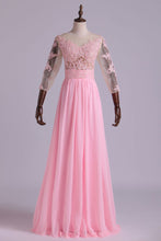 Load image into Gallery viewer, Mid-Length Sleeve A-Line Scoop Chiffon Prom Dresses Floor-Length With Applique &amp; Bow-Knot