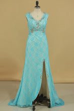 Load image into Gallery viewer, Sexy Open Back V Neck With Beads And Slit Prom Dresses Mermaid Lace Sweep Train