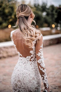 Mermaid Lace Appliques Long Sleeve See-Though Tulle Wedding Dresses Beach Wedding SJSPBSR61G8