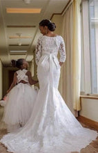Load image into Gallery viewer, Boat Neck 3/4 Length Sleeves Wedding Dresses Mermaid Tulle With Applique